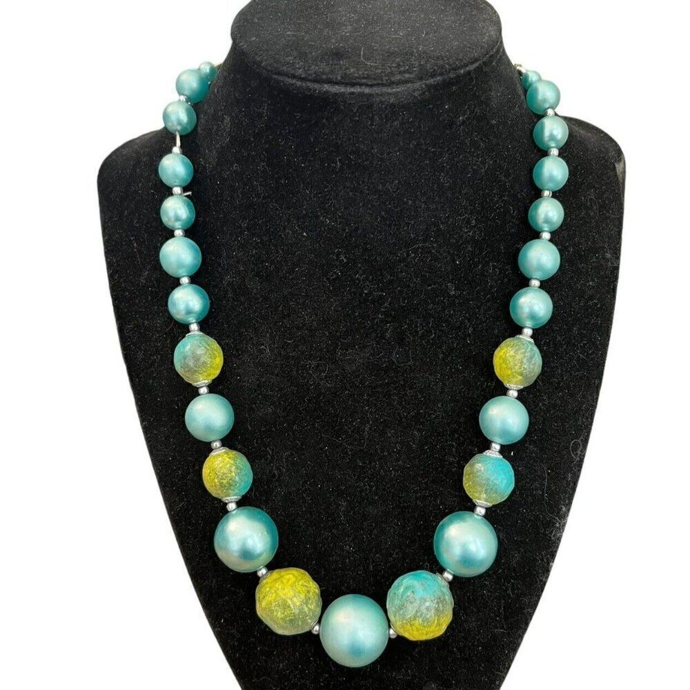 Vintage Blue Green Beaded Necklace Acrylic Graduated Beads 20 In Japan Costume